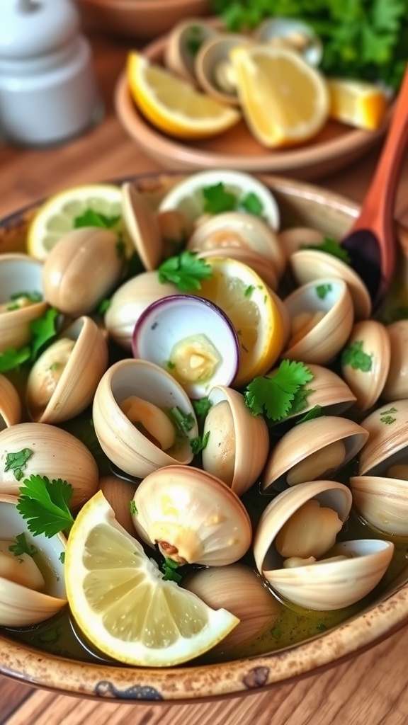 A delicious serving of garlic butter clams with parsley and lemon, in a rustic bowl.